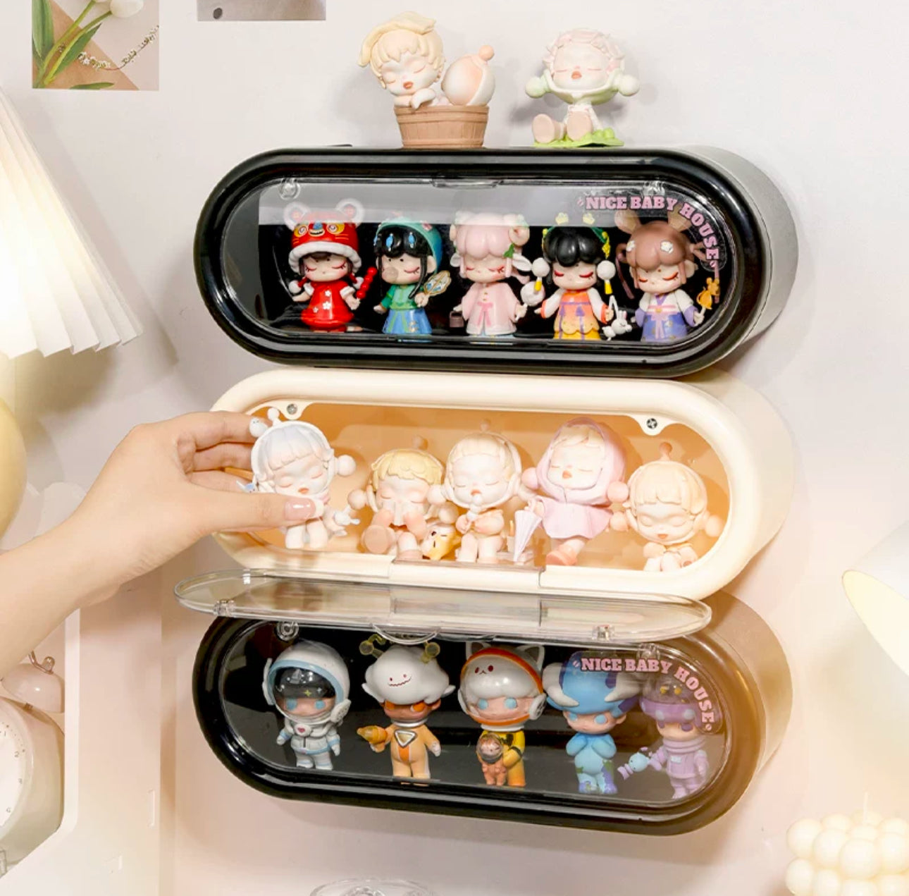 Pop Mart Wall-Mounted Dustproof Display Case for Blind Box Collectibles - Transparent Design with Cover & LED Lights, Modern Capsule Storage Organizer