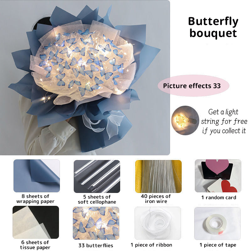 New DIY Butterfly Bouquets Handmade Butterfly Flower Material Package Bouquet with Light String Wedding Decor Gift for Girlfrien