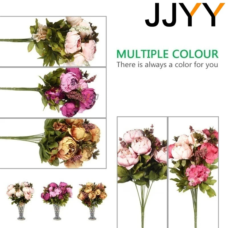 JJYY Artificial Flowers Bouquet 13 Heads European Style Peony Silk Flowers High Quality Plastic Flowers Fake Daisy Accessories