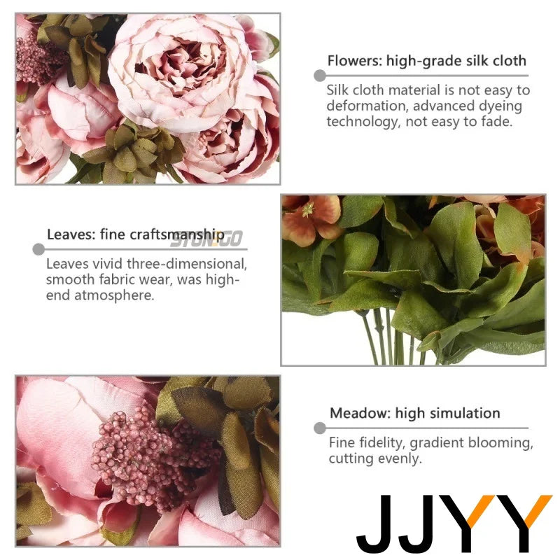 JJYY Artificial Flowers Bouquet 13 Heads European Style Peony Silk Flowers High Quality Plastic Flowers Fake Daisy Accessories