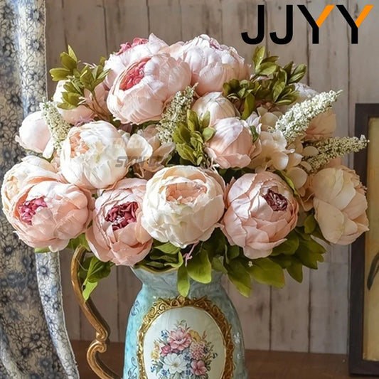 JJYY Artificial Flowers Bouquet 13 Heads European Style Peony Silk Flowers High Quality Plastic Flowers Fake Daisy Accessories