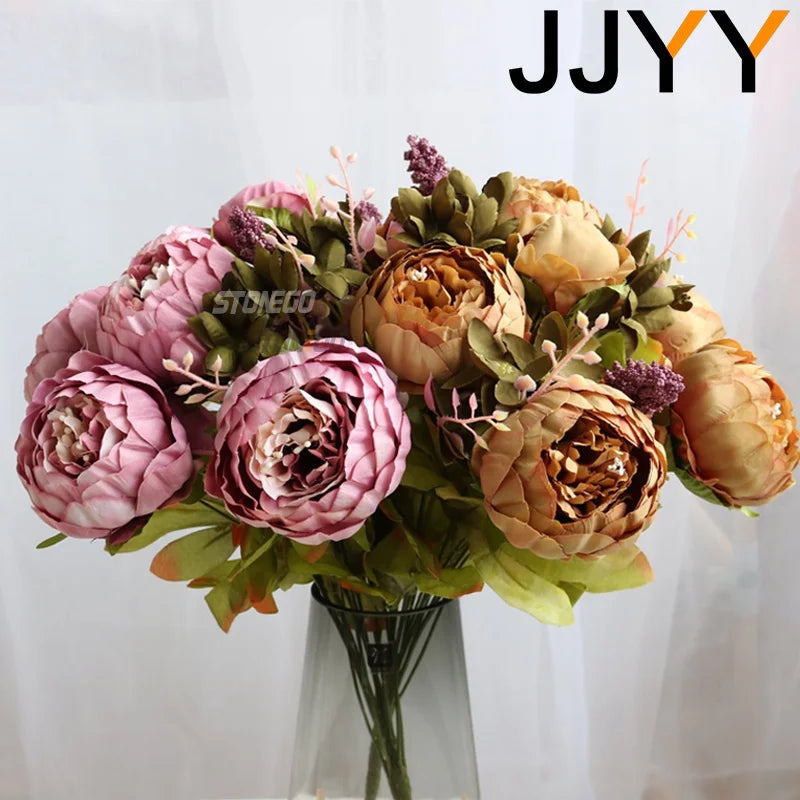 JJYY Artificial Flowers Bouquet 13 Heads European Style Peony Silk Flowers High Quality Plastic Flowers Fake Daisy Accessories