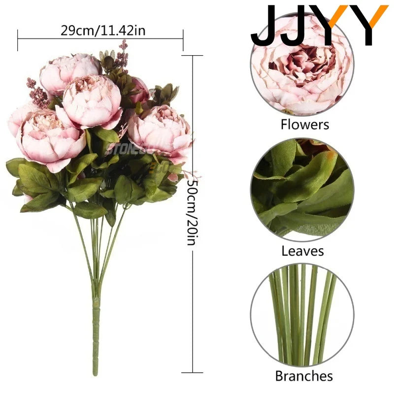 JJYY Artificial Flowers Bouquet 13 Heads European Style Peony Silk Flowers High Quality Plastic Flowers Fake Daisy Accessories