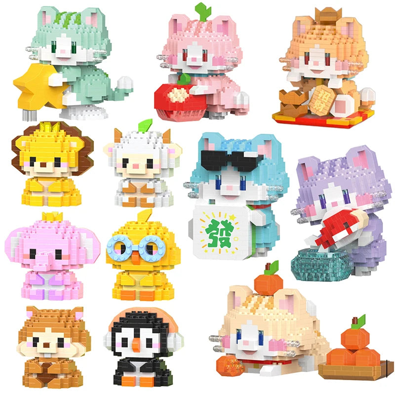 Kawaii Cats Micro Building Blocks Neko 3d Model Animal Rhino Goat Mini Brick Fruit Lemon Avocado Figure Toys For Christmas Gift