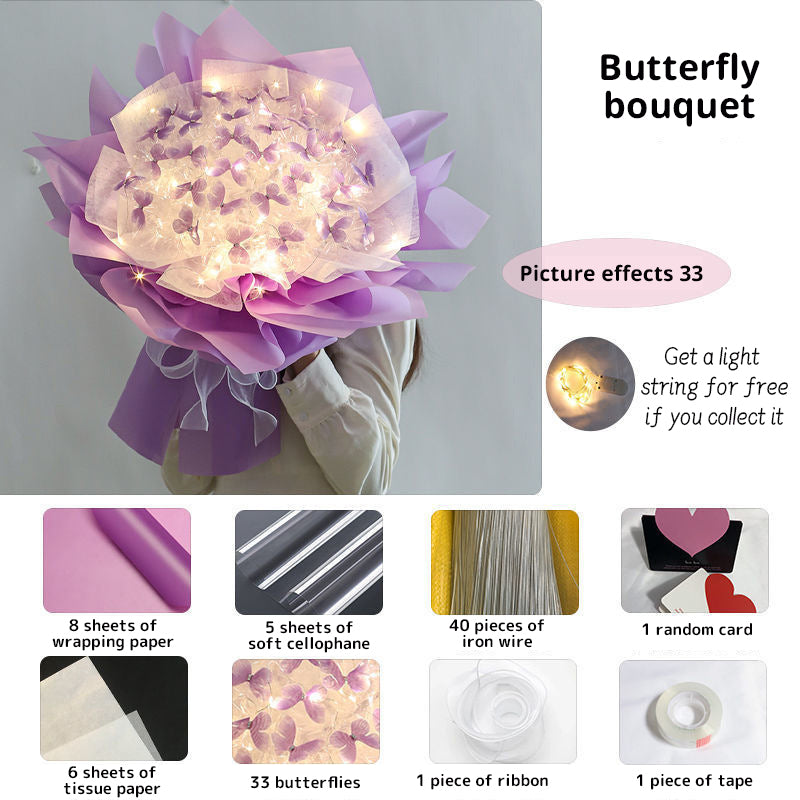 New DIY Butterfly Bouquets Handmade Butterfly Flower Material Package Bouquet with Light String Wedding Decor Gift for Girlfrien