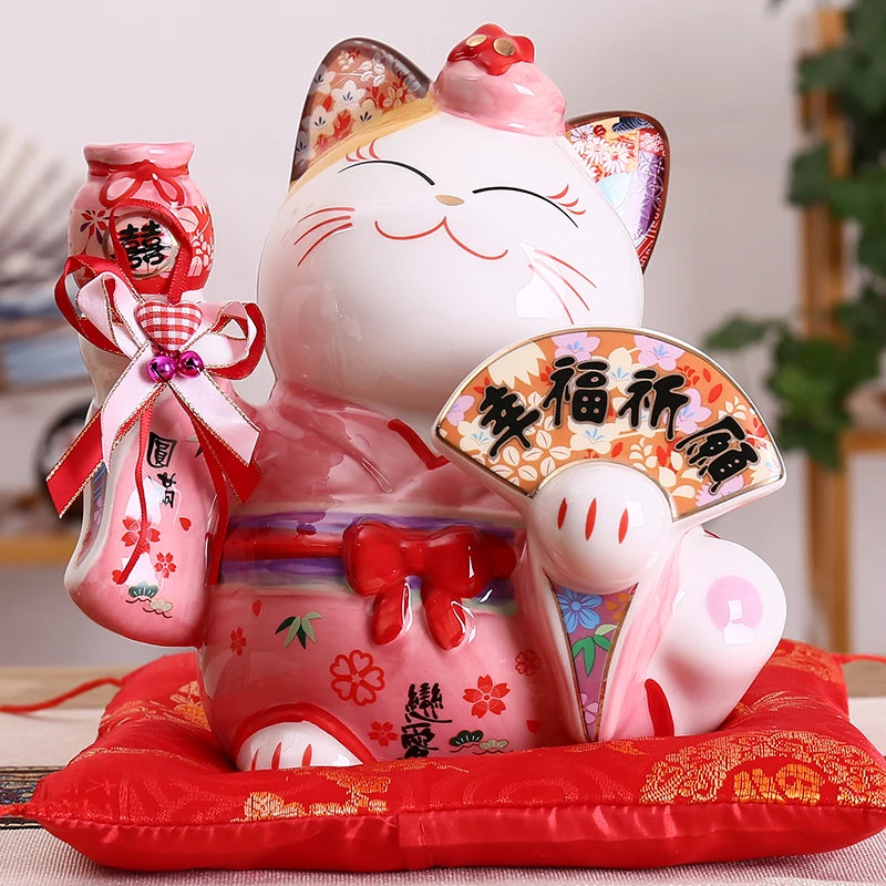 8 inch Ceramic Maneki Neko Ornament Lucky Cat Money Box Japanese Couple Fortune Cat Feng Shui Wedding Gift Centerpiece