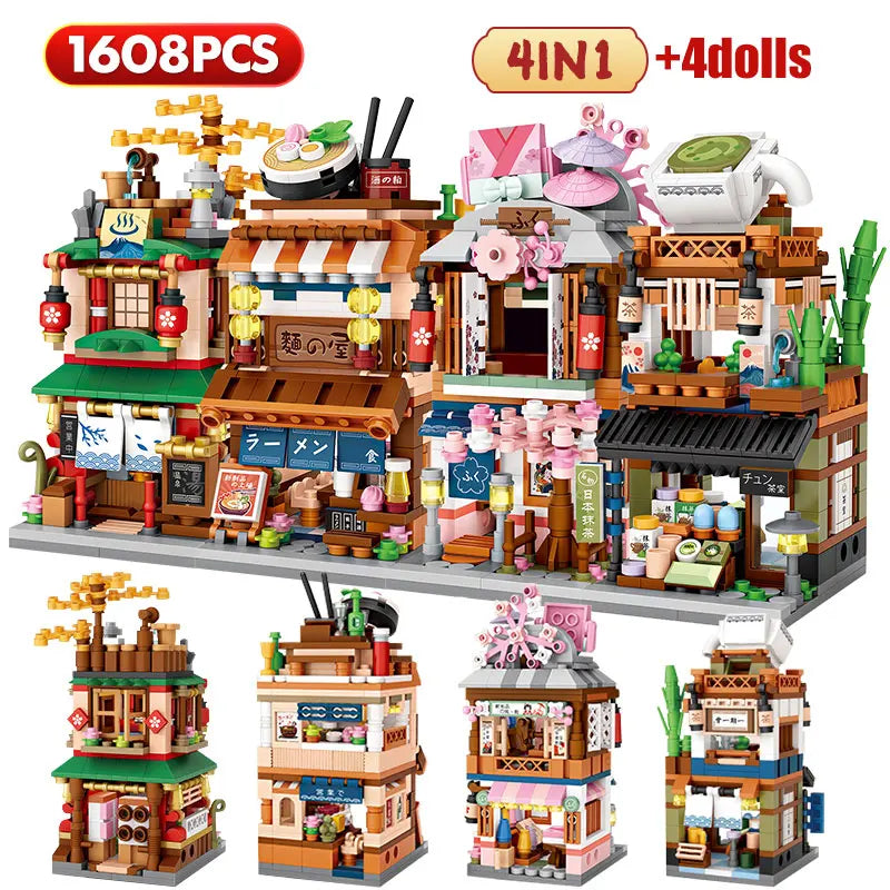 Loz Mini City Street View Japanese 4 in 1 Noodle Shop House Model Building Blocks Friends Figures DIY Bricks Toys For Children