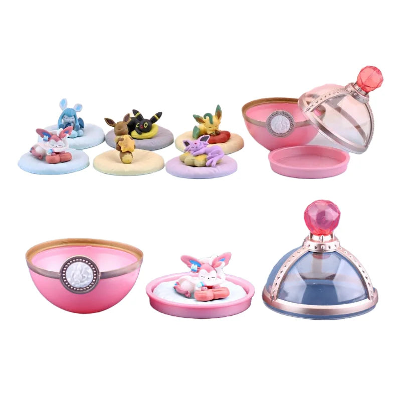 TOMY Genuine Pokemon With Box Toys Set Cute Anime Figures Sleeping Pikachu Eevee Monster Elf Ball Model Dolls Kids Gifts