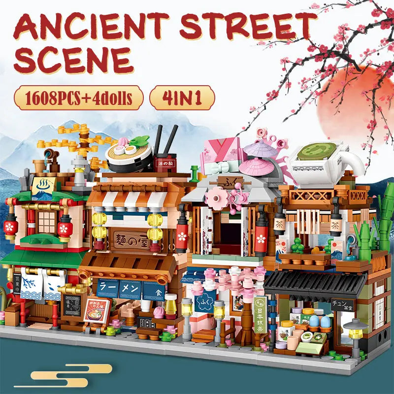 Loz Mini City Street View Japanese 4 in 1 Noodle Shop House Model Building Blocks Friends Figures DIY Bricks Toys For Children