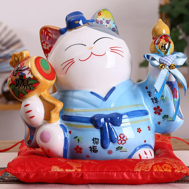 8 inch Ceramic Maneki Neko Ornament Lucky Cat Money Box Japanese Couple Fortune Cat Feng Shui Wedding Gift Centerpiece