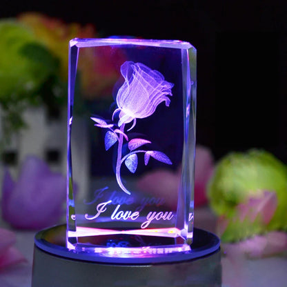 Crystal 3D Cube With Laser Rose with colorful LED Base Crystal Souvenirs for Christmas Gifts