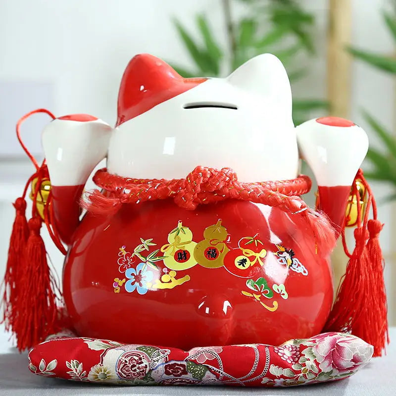 Ceramic Lucky Cat Large Ornament Red Piggy Bank Shop Opening Decoration Wedding Gift