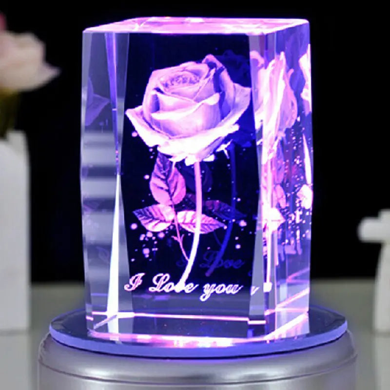 Rose 3D Laser Engraved Crystal Block Glass LED Engraving Cube with Rotary Music Base, Christmas Present for Family Friend