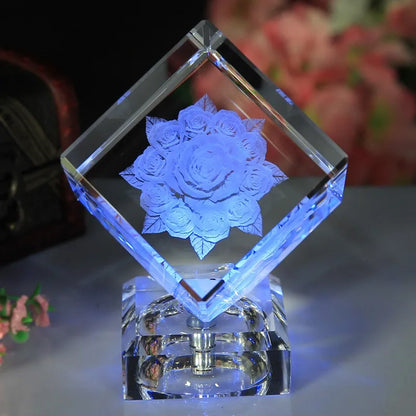 3D Laser K9 Crystal Rose Engraving Cube LED Base For Valentine's Day Birthday Wedding Anniversary Gifts