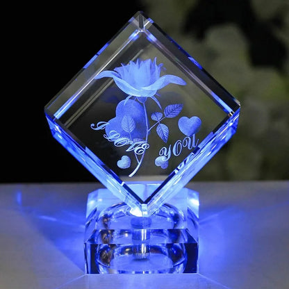 3D Laser K9 Crystal Rose Engraving Cube LED Base For Valentine's Day Birthday Wedding Anniversary Gifts