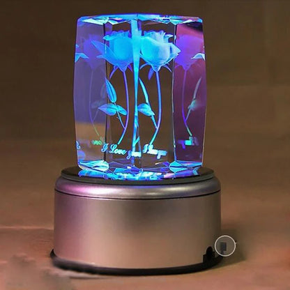 Crystal 3D Cube With Laser Rose with colorful LED Base Crystal Souvenirs for Christmas Gifts