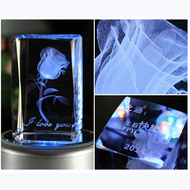 Crystal 3D Cube With Laser Rose with colorful LED Base Crystal Souvenirs for Christmas Gifts