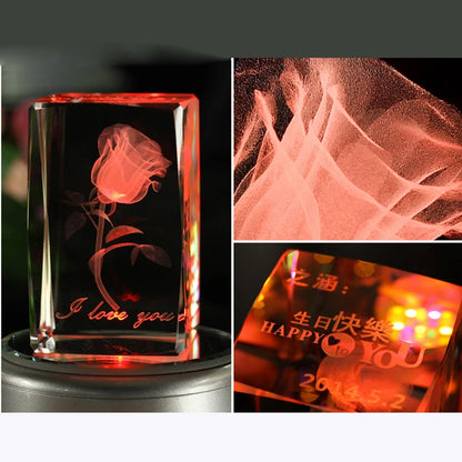 Crystal 3D Cube With Laser Rose with colorful LED Base Crystal Souvenirs for Christmas Gifts