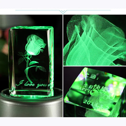 Crystal 3D Cube With Laser Rose with colorful LED Base Crystal Souvenirs for Christmas Gifts