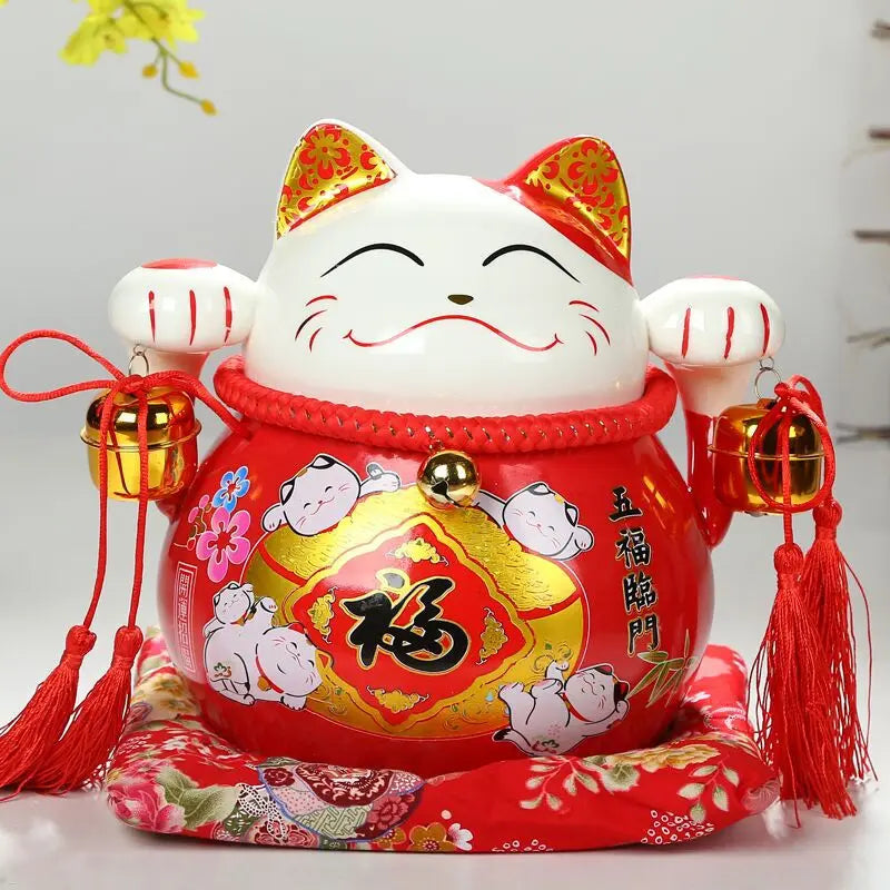 Ceramic Lucky Cat Large Ornament Red Piggy Bank Shop Opening Decoration Wedding Gift