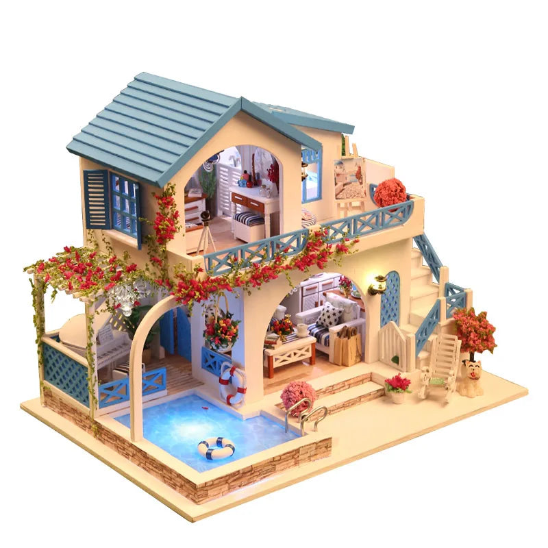 DIY Doll House Wooden Doll Houses Miniatures Dollhouse Furniture Kit With LED Baby Kid Assemble Toys For Children Christmas Gift