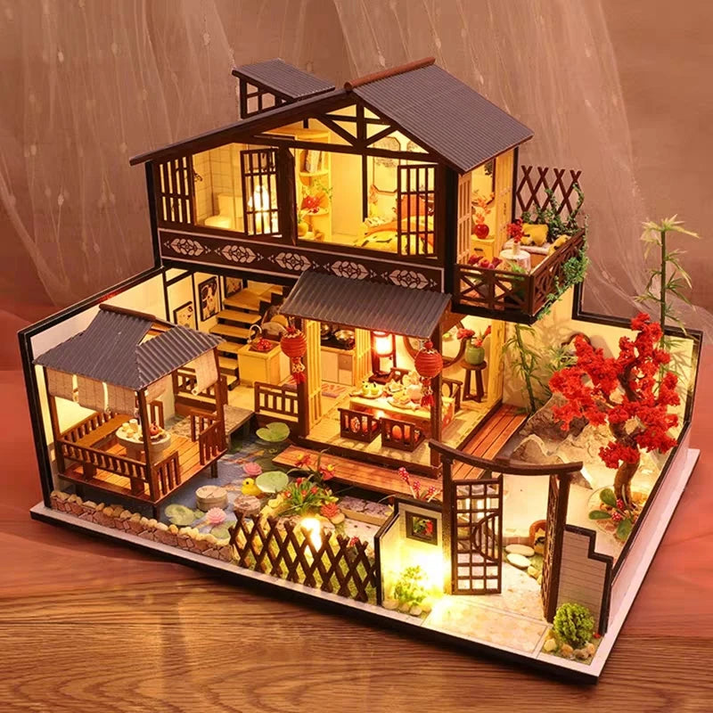 DIY Wooden Dollhouse Chinese Town Architecture Doll Houses Miniatures with Furniture Toys for Children Friend Birthday Gift