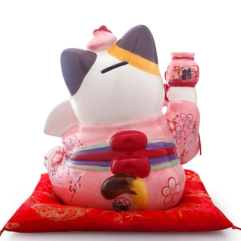 8 inch Ceramic Maneki Neko Ornament Lucky Cat Money Box Japanese Couple Fortune Cat Feng Shui Wedding Gift Centerpiece