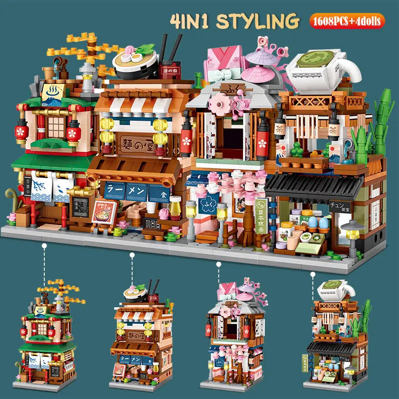 Loz Mini City Street View Japanese 4 in 1 Noodle Shop House Model Building Blocks Friends Figures DIY Bricks Toys For Children