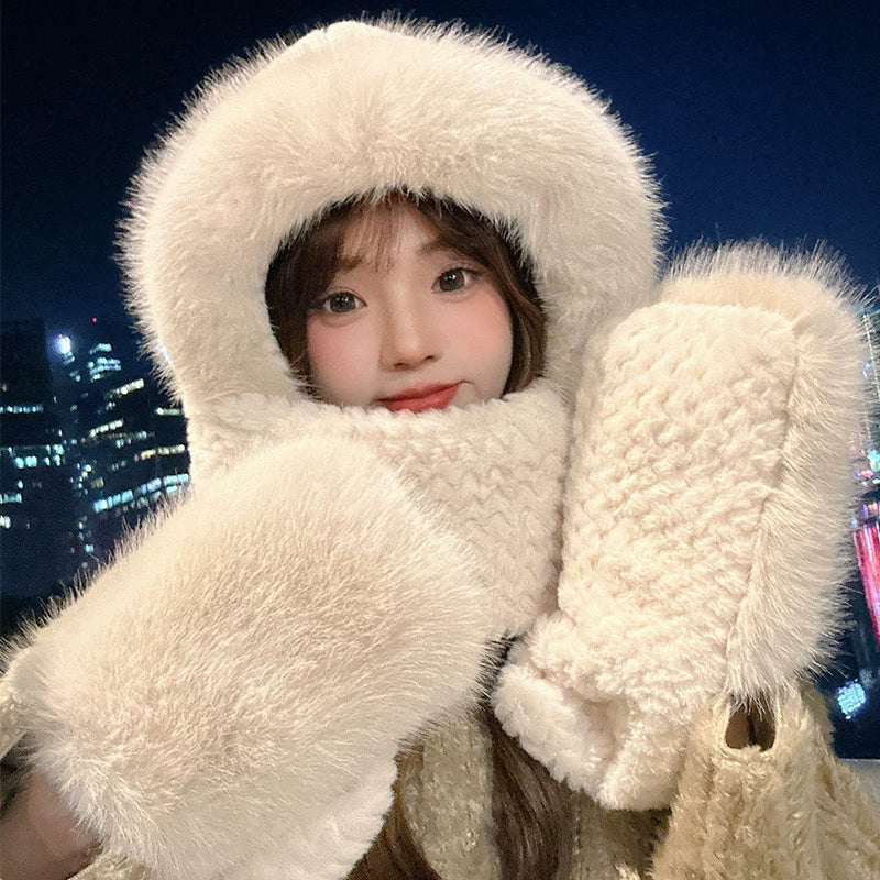 Cute Bear Hat Heattech Scarf Integrated Hooded Women's Autumn and Winter Heattech Gloves Thick Fleece Three-Piece Set