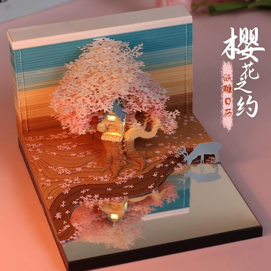 3D Stereo Note Paper Building Model Couple Cherry Blossom