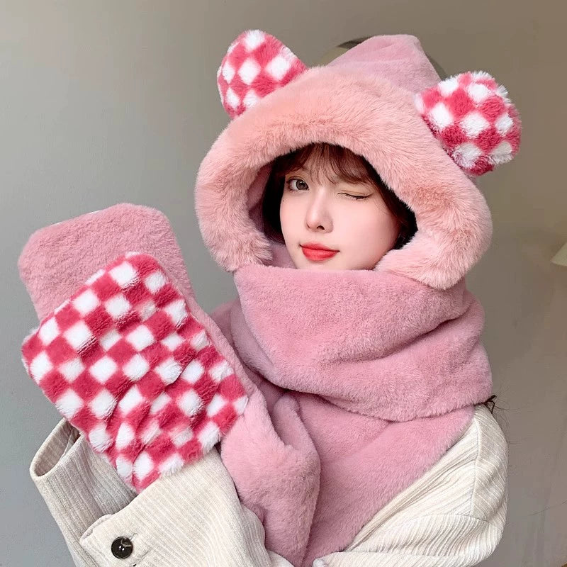 Cute Bear Hat Heattech Scarf Integrated Hooded Women's Autumn and Winter Heattech Gloves Thick Fleece Three-Piece Set