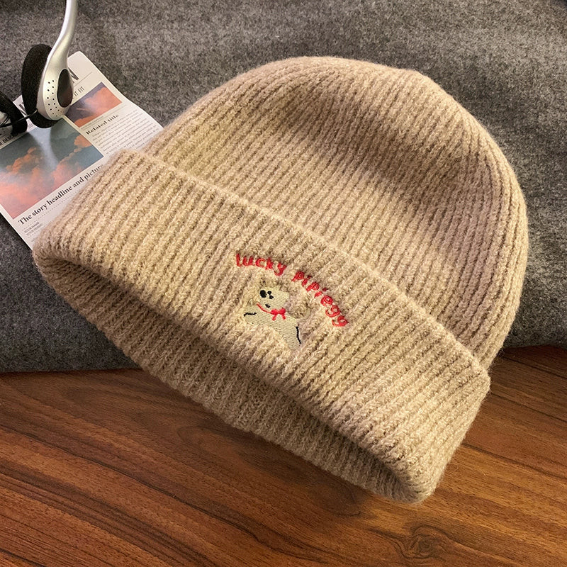 Cute Puppy Embroider Knitting Woolen Cap Female 2024 New Arrival Autumn and Winter Show Face Little Wild Big Head Circumference Hat