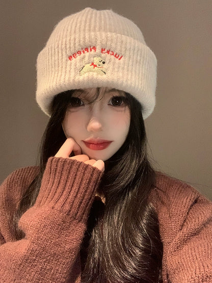 Cute Puppy Embroider Knitting Woolen Cap Female 2024 New Arrival Autumn and Winter Show Face Little Wild Big Head Circumference Hat