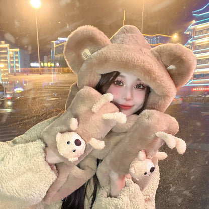 Cute Bear Hat Heattech Scarf Integrated Hooded Women's Autumn and Winter Heattech Gloves Thick Fleece Three-Piece Set