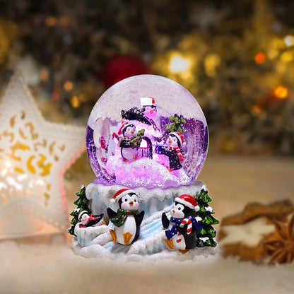 Christmas Gift Penguin Crystal Ball Music Box with Colorful Lighting Decoration Resin Crafts Music Box