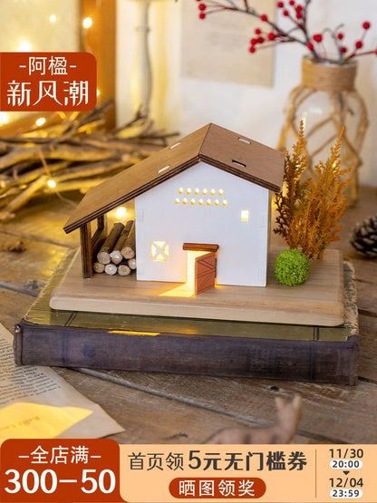 A Ying Desktop Miniature House Decoration Wooden House Decoration Female Minimalist Japanese Style Atmosphere Luminous Decompression Healing Gift