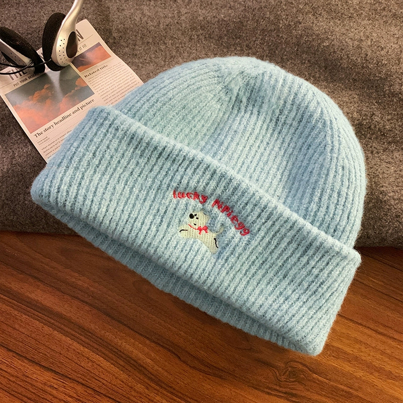 Cute Puppy Embroider Knitting Woolen Cap Female 2024 New Arrival Autumn and Winter Show Face Little Wild Big Head Circumference Hat