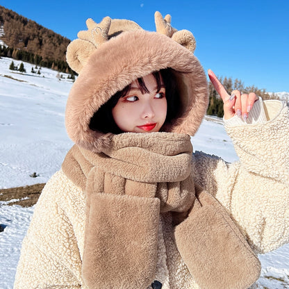 Cute Bear Hat Heattech Scarf Integrated Hooded Women's Autumn and Winter Heattech Gloves Thick Fleece Three-Piece Set