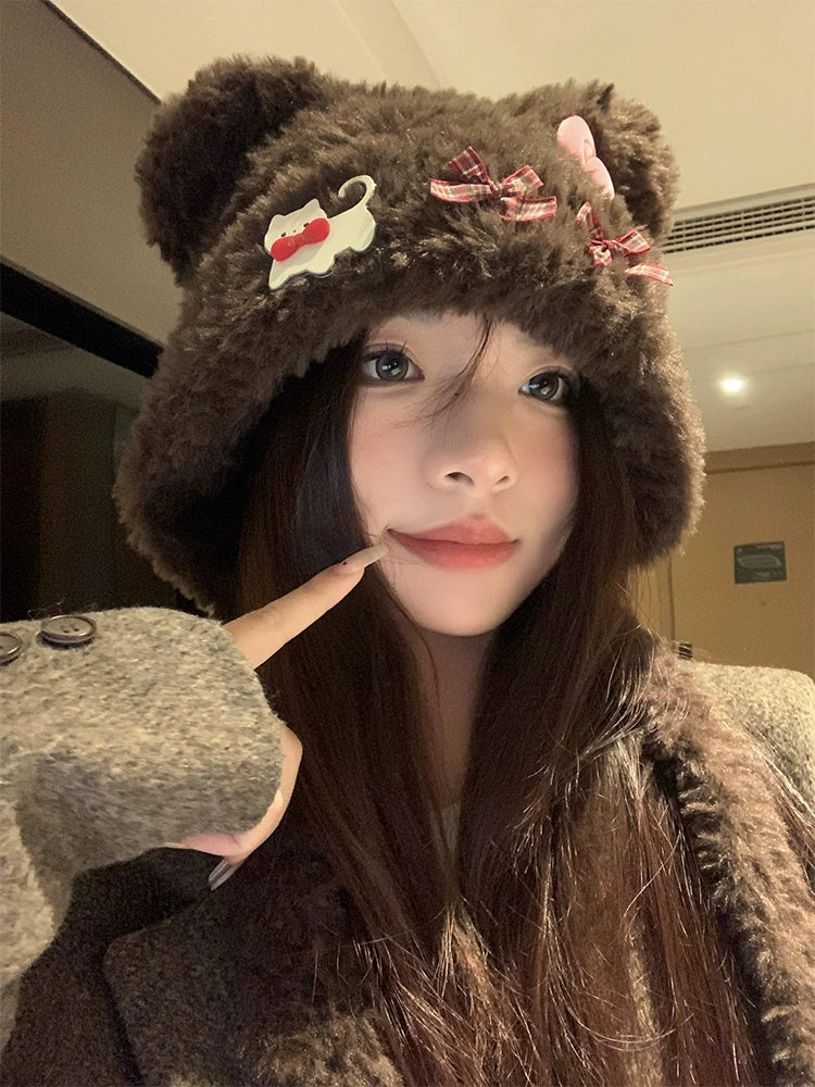 Cute Bear Ears Cat Female Autumn and Winter Bows