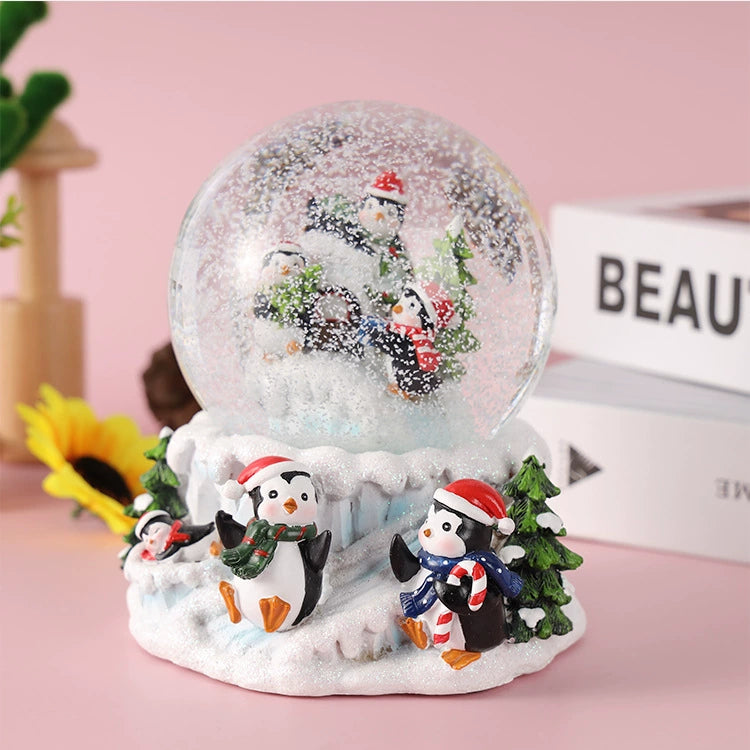 Christmas Gift Penguin Crystal Ball Music Box with Colorful Lighting Decoration Resin Crafts Music Box