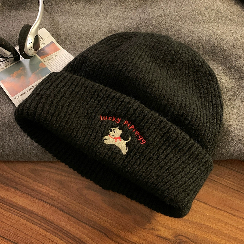 Cute Puppy Embroider Knitting Woolen Cap Female 2024 New Arrival Autumn and Winter Show Face Little Wild Big Head Circumference Hat