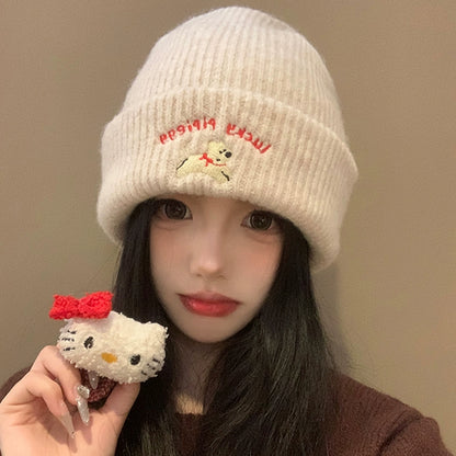 Cute Puppy Embroider Knitting Woolen Cap Female 2024 New Arrival Autumn and Winter Show Face Little Wild Big Head Circumference Hat