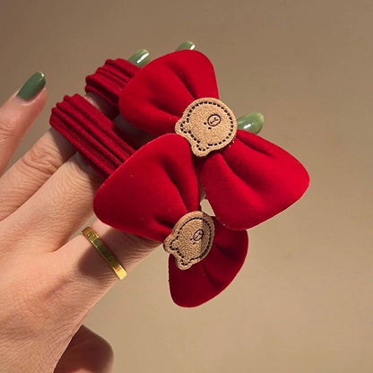 New Year Children Red Bows Rubber Band Girl Bun Headband Baby Festive New Year Greeting Hair Rope Ring Hair Accessories