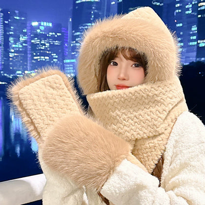 Cute Bear Hat Heattech Scarf Integrated Hooded Women's Autumn and Winter Heattech Gloves Thick Fleece Three-Piece Set