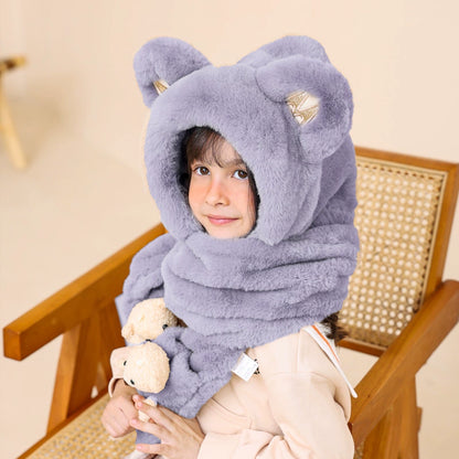 Cute Bear Hat Heattech Scarf Integrated Hooded Women's Autumn and Winter Heattech Gloves Thick Fleece Three-Piece Set