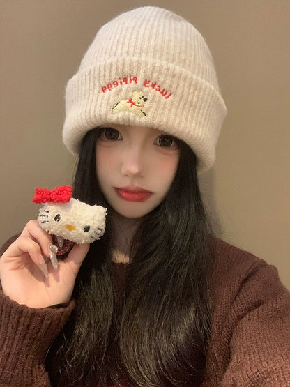 Cute Puppy Embroider Knitting Woolen Cap Female 2024 New Arrival Autumn and Winter Show Face Little Wild Big Head Circumference Hat