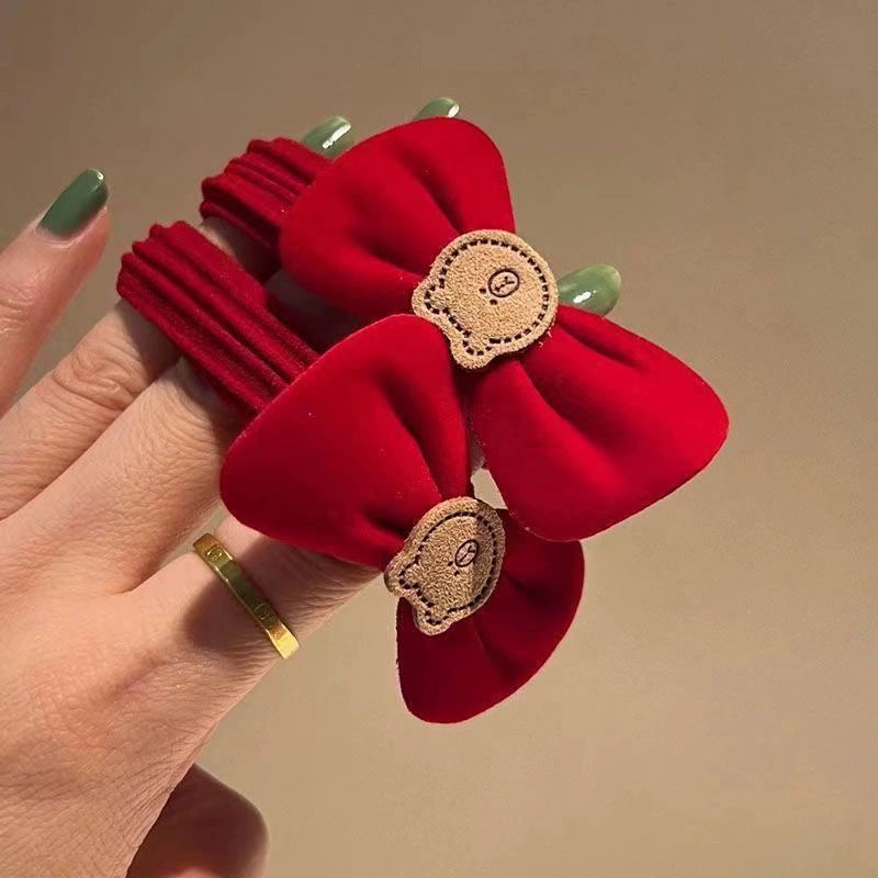 New Year Children Red Bows Rubber Band Girl Bun Headband Baby Festive New Year Greeting Hair Rope Ring Hair Accessories