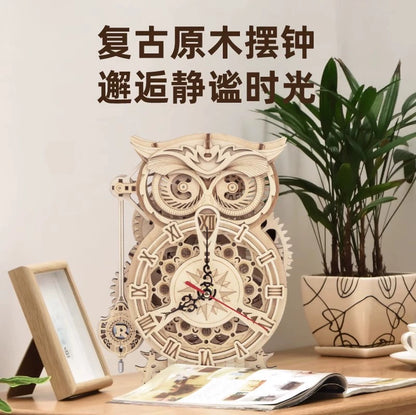 Ruoke Owl Clock Handmade DIY Building Blocks Mechanical Assemble Model 3D Puzzle Model Clock Decoration Toy