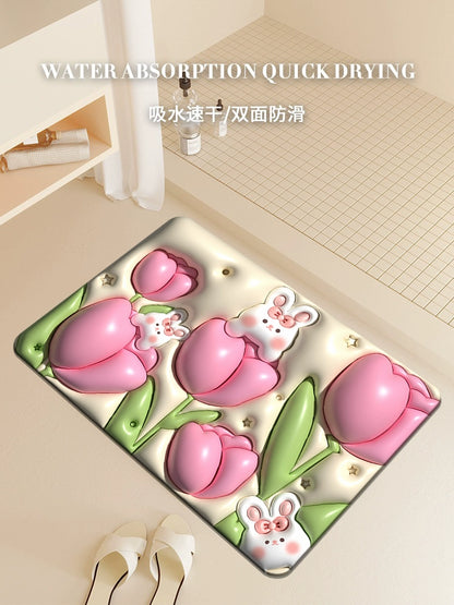 3D Three-Dimensional Expansion Small Flower Floor Mat Bathroom Toilet Diatom Mud Absorbent Pad Toilet Door Non-Slip Bathtub Floor Mat