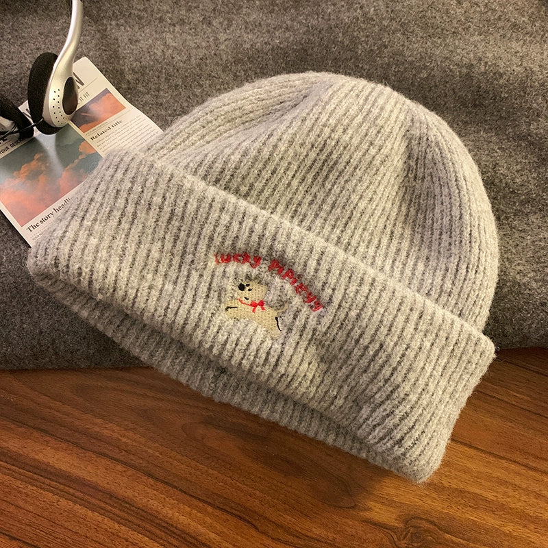 Cute Puppy Embroider Knitting Woolen Cap Female 2024 New Arrival Autumn and Winter Show Face Little Wild Big Head Circumference Hat